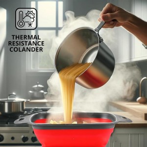 Square Collapsible Colander with Handles – Red Square Silicone Kitchen Strainers with Plastic Handles Foldable Kitchen Strainer Perfect for Draining Pasta Vegetable and Fruit Red