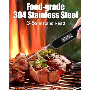 Meat Thermometer Digital for Cooking and Grilling,Instant Read Food Thermometer with Battery,Folding Accurate Probe Kitchen Thermometer for BBQ,Backlit LCD,Store by Magnet and Hook (Black)