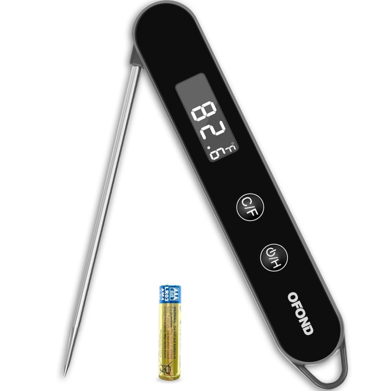 Meat Thermometer Digital for Cooking and Grilling,Instant Read Food Thermometer with Battery,Folding Accurate Probe Kitchen Thermometer for BBQ,Backlit LCD,Store by Magnet and Hook (Black)