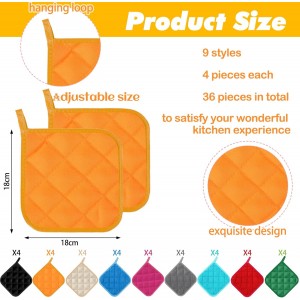 Layhit 36 Pcs Pot Holders for Kitchens Cotton Heat Resistant Potholders Oven Pot Holders Washable Hot Pads Bulk Potholders with Hanging Loops Cloth Coaster Mitts for Cooking Baking 7 x 7 Inch 9 Colors