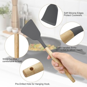 Kitchen Utensils Set of 12, Silicone Cooking Utensils with Non-Slip Wooden Handle and Organizer Bucket, 446°F Heat Resistant Cookware Utensils Set (Dark Grey)