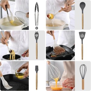 Kitchen Utensils Set of 12, Silicone Cooking Utensils with Non-Slip Wooden Handle and Organizer Bucket, 446°F Heat Resistant Cookware Utensils Set (Dark Grey)