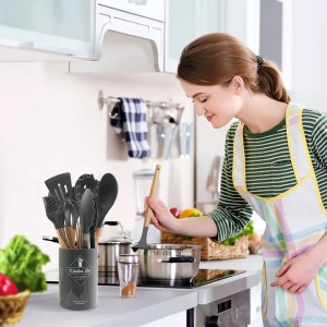 Kitchen Utensils Set of 12, Silicone Cooking Utensils with Non-Slip Wooden Handle and Organizer Bucket, 446°F Heat Resistant Cookware Utensils Set (Dark Grey)