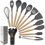 Kitchen Utensils Set of 12, Silicone Cooking Utensils with Non-Slip Wooden Handle and Organizer Bucket, 446°F Heat Resistant Cookware Utensils Set (Dark Grey)