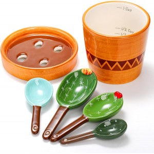 Coloch 5Pcs Ceramic Measuring Spoons in Pot, Cactus Shape Baking Measuring Spoons and Cup Decorative Cactus Figurine Measuring Spoon Set for Baking, Milk, Sugar, Salt