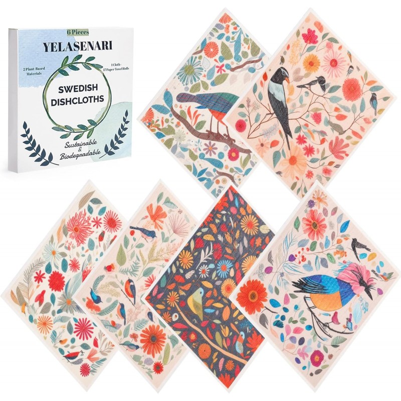 Swedish Dishcloths for Kitchen Reusable 6 Pack Kitchen Towels No Odor Quick-Drying Reusable Paper Towels Reusable Paper Towels Washable for Countertop Sink Kitchen Flower Bird