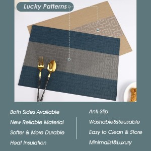 FAVE Placemats Set of 6 Indigo Blue Woven with Gray Placemats Durable and Wipeable Vinyl Placemat Set of 6 for Wedding, Banquet, Birthday, Party, Restaurant Decorations（Indigo Blue）