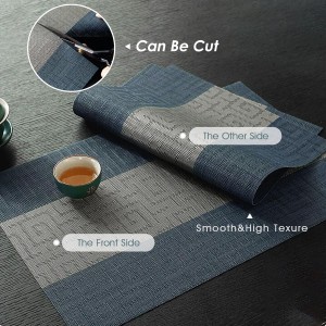 FAVE Placemats Set of 6 Indigo Blue Woven with Gray Placemats Durable and Wipeable Vinyl Placemat Set of 6 for Wedding, Banquet, Birthday, Party, Restaurant Decorations（Indigo Blue）