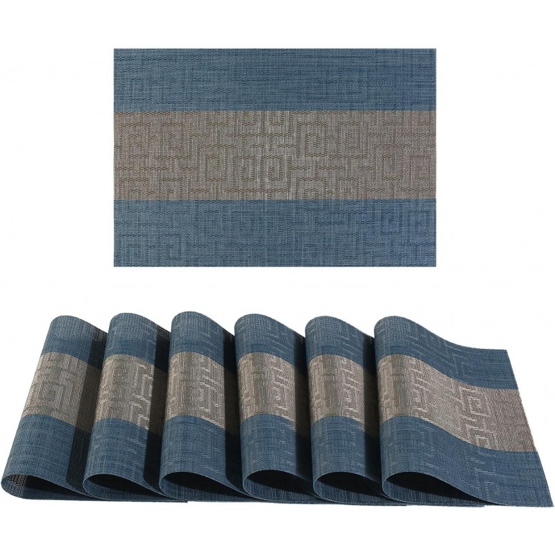 FAVE Placemats Set of 6 Indigo Blue Woven with Gray Placemats Durable and Wipeable Vinyl Placemat Set of 6 for Wedding, Banquet, Birthday, Party, Restaurant Decorations（Indigo Blue）