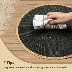 Noctiflorous Round Placemats Set of 4, 15 Inch Braided Hand Woven Table Mats, Heat Resistant Non-Slip Wipeable Thin Edge Place Mats for Kitchen Dining Indoor Outdoor Use(Black, 4)