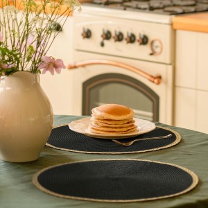 Noctiflorous Round Placemats Set of 4, 15 Inch Braided Hand Woven Table Mats, Heat Resistant Non-Slip Wipeable Thin Edge Place Mats for Kitchen Dining Indoor Outdoor Use(Black, 4)