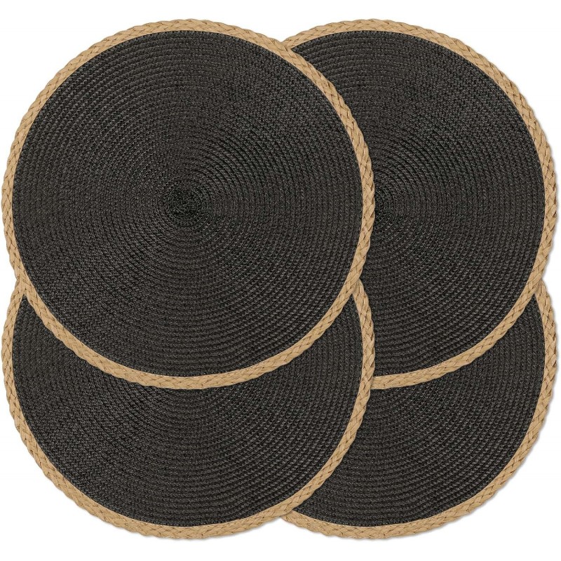 Noctiflorous Round Placemats Set of 4, 15 Inch Braided Hand Woven Table Mats, Heat Resistant Non-Slip Wipeable Thin Edge Place Mats for Kitchen Dining Indoor Outdoor Use(Black, 4)