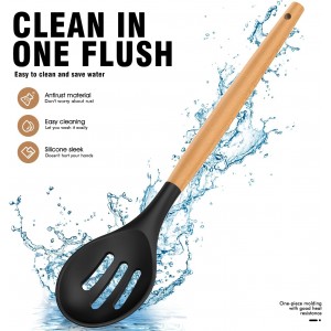 Silicone Cooking Utensils Set - AVGPD Silicone Kitchen Utensils for Cooking Wooden Handles, 446°F Heat Resistant Kitchen Utensil Spatula Sets, Gadgets for Non-Stick Cookware BPA FREE (Black)