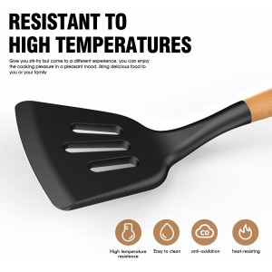 Silicone Cooking Utensils Set - AVGPD Silicone Kitchen Utensils for Cooking Wooden Handles, 446°F Heat Resistant Kitchen Utensil Spatula Sets, Gadgets for Non-Stick Cookware BPA FREE (Black)