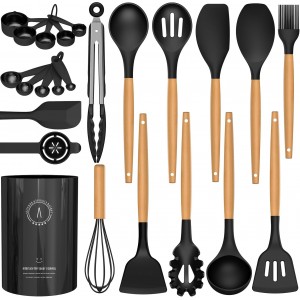 Silicone Cooking Utensils Set - AVGPD Silicone Kitchen Utensils for Cooking Wooden Handles, 446°F Heat Resistant Kitchen Utensil Spatula Sets, Gadgets for Non-Stick Cookware BPA FREE (Black)