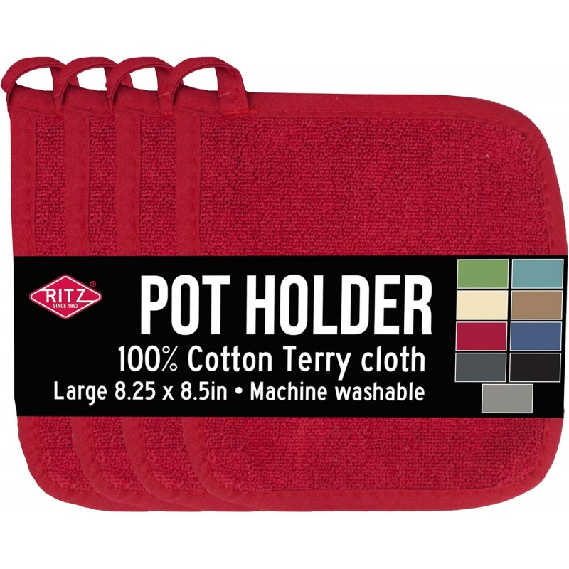 RITZ Terry Potholder & Hot Pad: Unparalleled Heat Resistant, Durable 100% Cotton – Ergonomically Designed for Optimal Grip – Easy-Care Machine Washable – 4-Pack, Paprika Red