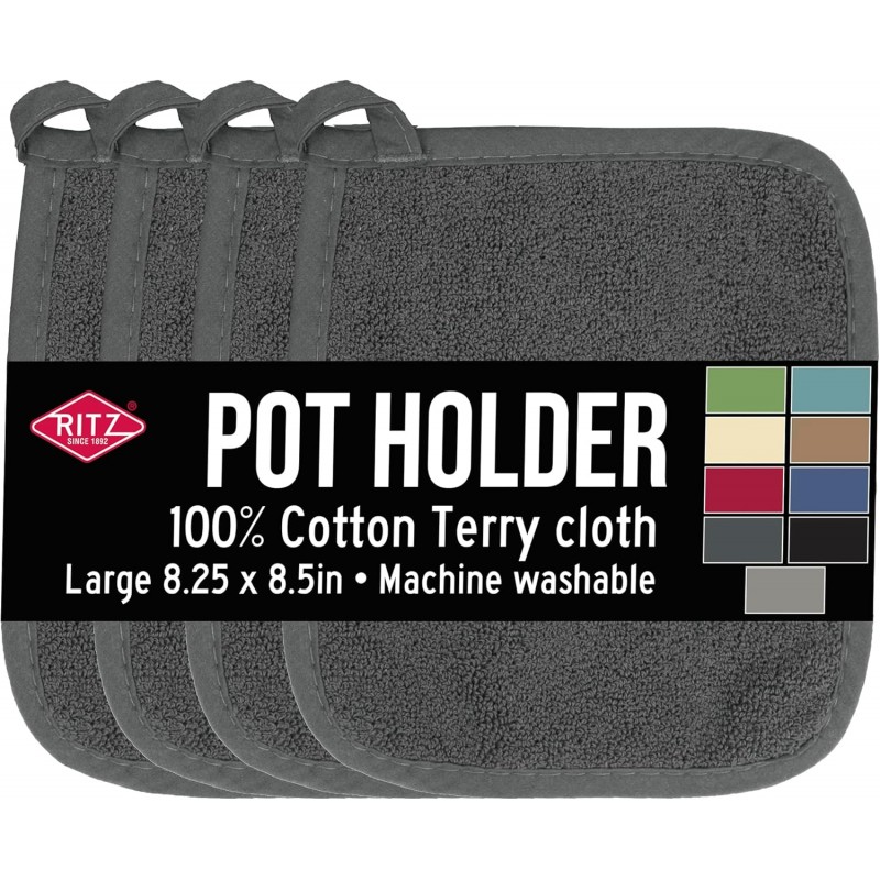 RITZ Terry Potholder & Hot Pad: Unparalleled Heat Resistant, Durable 100% Cotton – Ergonomically Designed for Optimal Grip – Easy-Care Machine Washable – 4-Pack, Graphite