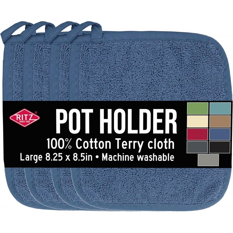 RITZ Terry Potholder & Hot Pad: Unparalleled Heat Resistant, Durable 100% Cotton – Ergonomically Designed for Optimal Grip – Easy-Care Machine Washable – 4-Pack, Federal Blue