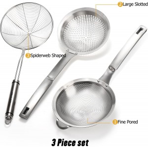 Suwimut 3 Pieces Spider Strainer Skimmer Spoon Set, Fine Mesh Stainless Steel Sieve Food Strainers, Large Hole Slotted Colander Frying Spoons, Strainer Ladle Wire Skimmer Spoon with Handle for Kitchen