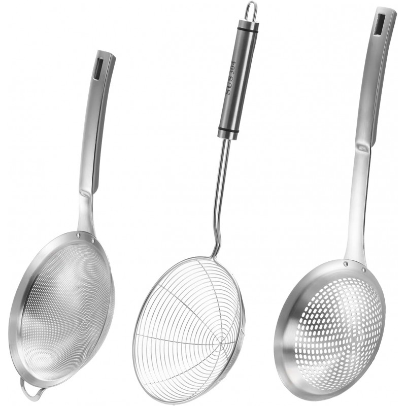 Suwimut 3 Pieces Spider Strainer Skimmer Spoon Set, Fine Mesh Stainless Steel Sieve Food Strainers, Large Hole Slotted Colander Frying Spoons, Strainer Ladle Wire Skimmer Spoon with Handle for Kitchen