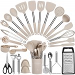 Cooking Utensils Set, 35Pcs Silicone Kitchen Utensils Set with Holder, 446°F Heat Resistant Food Grade Spatula Set, BPA Free Kitchen Gadgets for Non-stick Cookware, Easy to Clean (Khaki)