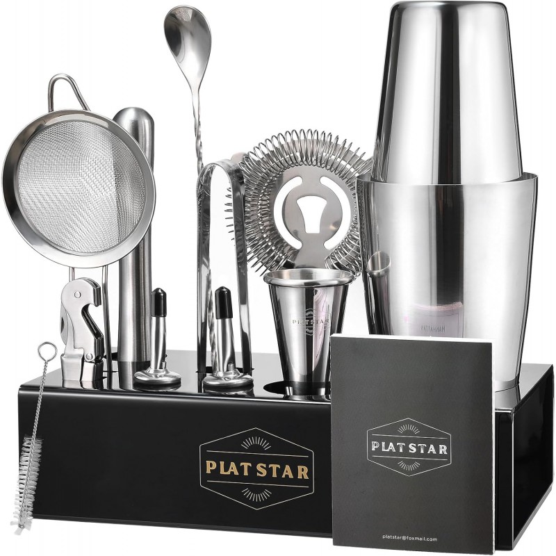 Mixology Bartender Kit with Stand, Home Bar Set Cocktail Shakers Bartending Kit, Bar Tools Boston Shaker Set, Professional Drink Mixing Martini Making Barware with Recipe Book