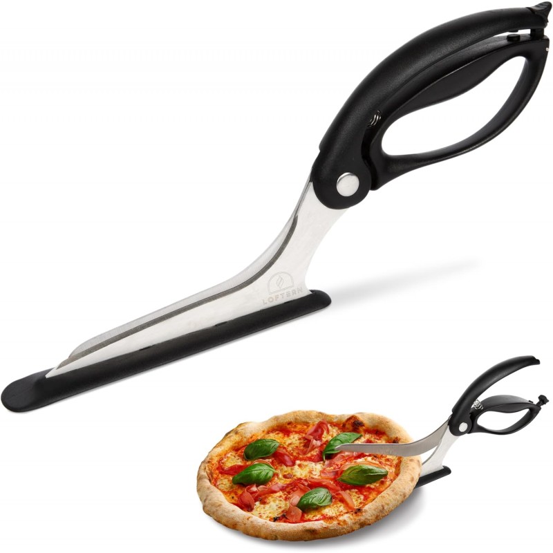 Loftern Pizza Scissors - Non-Stick Pizza Scissors with Firm Grip Base - Food Grade Stainless Steel Pizza Cutter - 5-in-1 Food Slicer & Pizza Server - Durable, Safe & Mess Free
