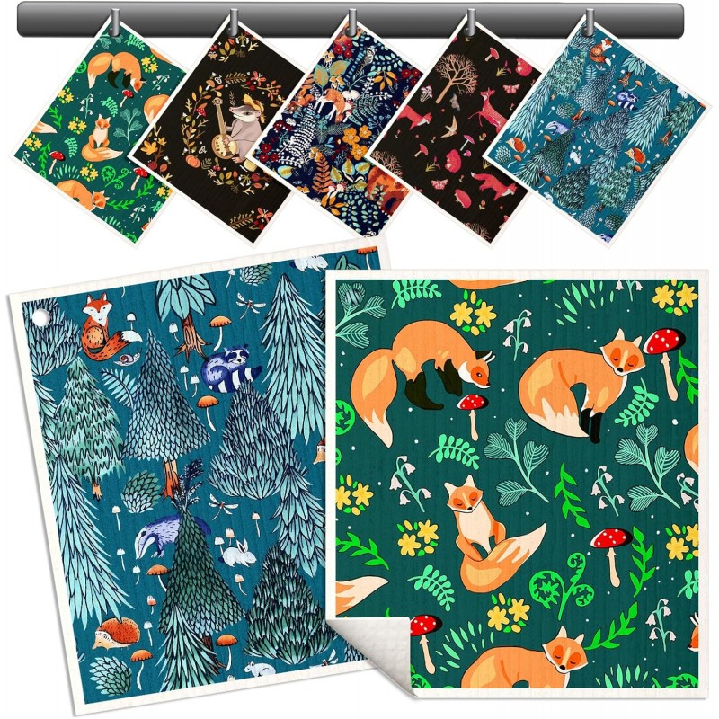 Swedish Dishcloths for Kitchen - 5 Pack Reusable Dish Cloths for Washing Dishes Absorbent Cute Funny Kitchen Towels Cleaning Sponge, Animal Forest