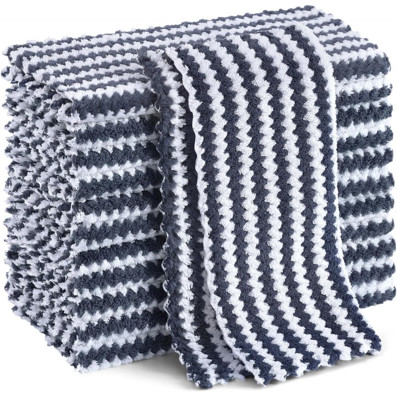 Homaxy 12 Pack Kitchen Dish Cloths, Ultra Soft and Absorbent Dish Towels, Reusable Fast Drying Microfiber Cleaning Cloth, Coral Velvet Wave Design No-lint, 10 x 10 inches, Dark Grey