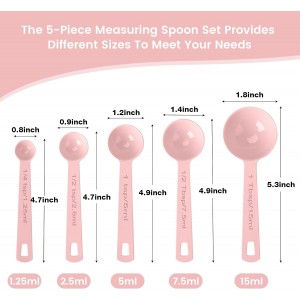 Stainless Steel Measuring Spoons Set of 5, Metal Measuring Cups and Spoons Set for Liquid/Food/Kitchen/Baking (Pink)