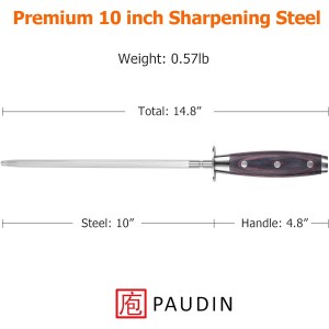 PAUDIN Honing Rod, Knife Sharpener Rod, 10 Inch Honing Steel, Professional Kitchen Knife Sharpener, High Carbon Knife Sharpening Steel with Ergonomic Pakkawood Handle for All Chef Knives