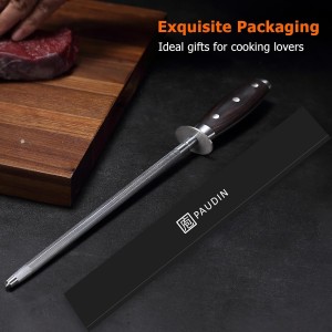 PAUDIN Honing Rod, Knife Sharpener Rod, 10 Inch Honing Steel, Professional Kitchen Knife Sharpener, High Carbon Knife Sharpening Steel with Ergonomic Pakkawood Handle for All Chef Knives
