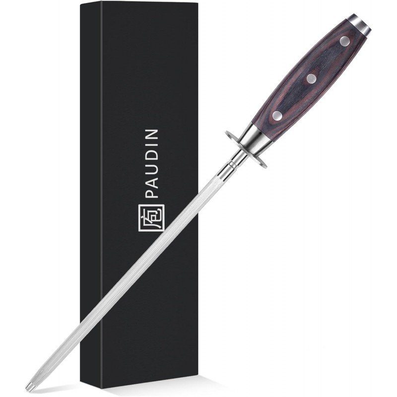PAUDIN Honing Rod, Knife Sharpener Rod, 10 Inch Honing Steel, Professional Kitchen Knife Sharpener, High Carbon Knife Sharpening Steel with Ergonomic Pakkawood Handle for All Chef Knives