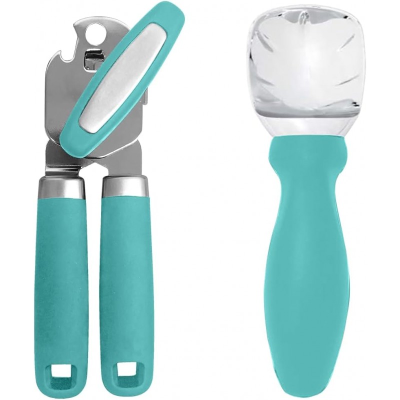 Gorilla Grip Manual Can Opener and Ice Cream Scoop, Can Opener Includes Built In Bottle Opener, Ice Cream Scoop is Heavy Duty, Dishwasher Safe, Both in Turquoise Color, 2 Item Bundle