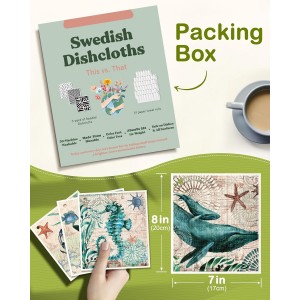 8 Pack Reusable Kitchen Swedish Dishcloths for Washing Dishes Absorbent Fast Drying Cleaning Sponge Cloths Cute Design Decorate Washable Swedish Towels, Blue Sea