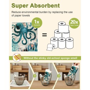 8 Pack Reusable Kitchen Swedish Dishcloths for Washing Dishes Absorbent Fast Drying Cleaning Sponge Cloths Cute Design Decorate Washable Swedish Towels, Blue Sea