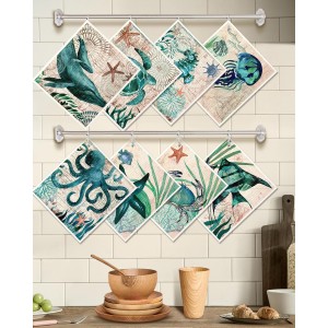 8 Pack Reusable Kitchen Swedish Dishcloths for Washing Dishes Absorbent Fast Drying Cleaning Sponge Cloths Cute Design Decorate Washable Swedish Towels, Blue Sea