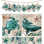 8 Pack Reusable Kitchen Swedish Dishcloths for Washing Dishes Absorbent Fast Drying Cleaning Sponge Cloths Cute Design Decorate Washable Swedish Towels, Blue Sea