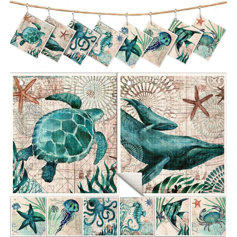 8 Pack Reusable Kitchen Swedish Dishcloths for Washing Dishes Absorbent Fast Drying Cleaning Sponge Cloths Cute Design Decorate Washable Swedish Towels, Blue Sea