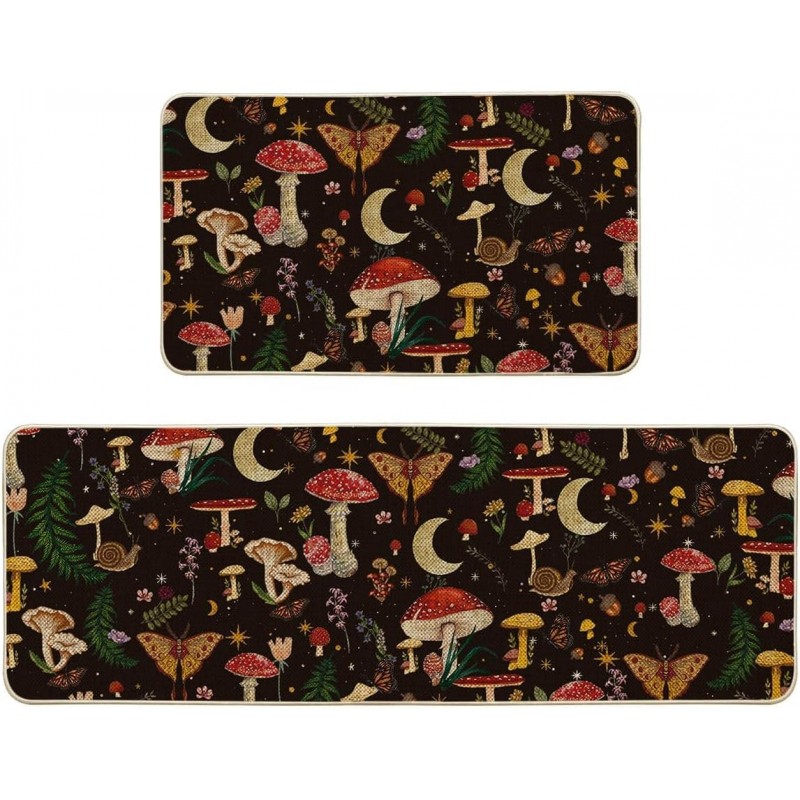 Artoid Mode Black Mushrooms Butterfly Spring Kitchen Mats Set of 2, Home Decor Low-Profile Kitchen Rugs for Floor - 17x29 and 17x47 Inch