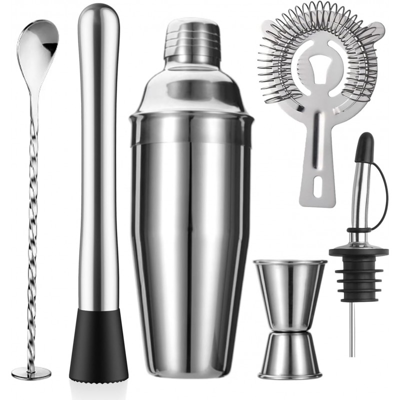 6-Piece Cocktail Shaker Set 24oz Shaker Strainer Muddler Jigger Mixing Spoon Pour Spout Bartender Kit Stainless Steel Bar Set Housewarming Gift