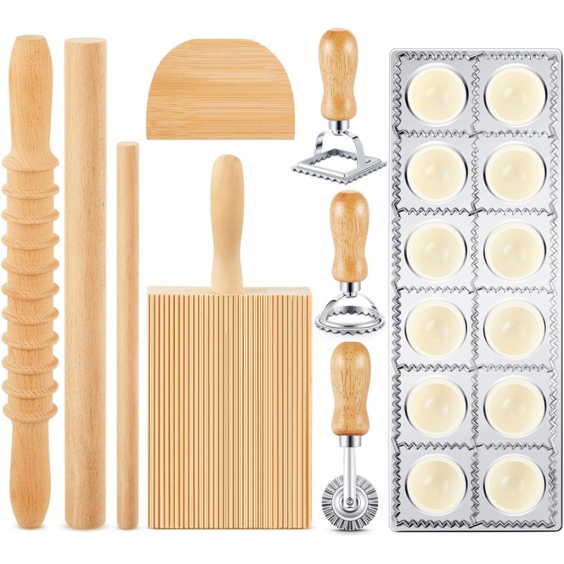 Tioncy 9 Pcs Pasta Making Tool Set Wood Gnocchi Board with Ravioli Mold Raviolo Maker Raviolo Stamp Rolling Pin Gnocco Maker for Home Cooks Kitchen Gift (Classic Gnocchi Board with Ravioli Mold Set)