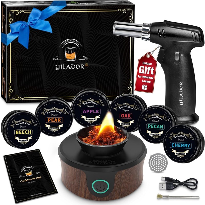 Electric Whiskey Smoker Kit with Torch, Home Bar Gift for Whiskey Lover, 6 Wood Chips – Infuse Rich Smoky Flavors in Bourbon Old Fashioned & Cocktails, Birthday Gifts for Him, Husband (Without Butane)