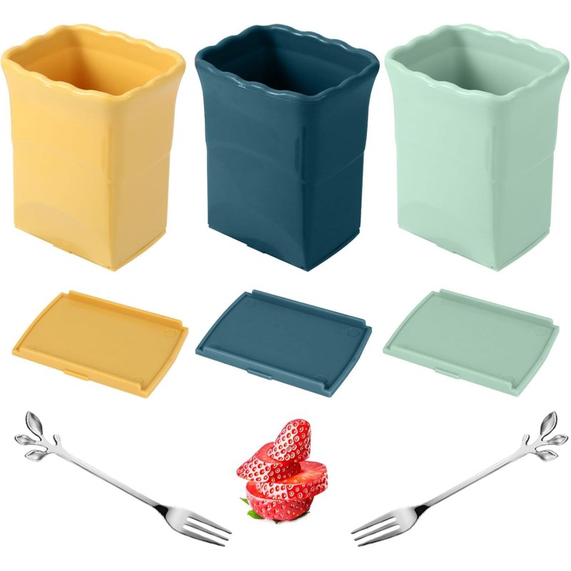 5 Pack, 3 Pcs Cup Slicers with 2 Pcs Stainless Steel leaf Forks Strawberry Slicer Banana Fruit Cutter Egg Slicer Multifunctional Soft Fruit and Vegetable Slice Fresh Platter Making