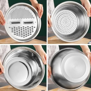 Germany Multifunctional Stainless Steel Basin, Multifunction Stainless Steel Basin with Grater 3 in 1 Vegetable Cutter for Kitchen, Vegetable Slicer Grater Strainer and Drain Basket (10.2 inch)