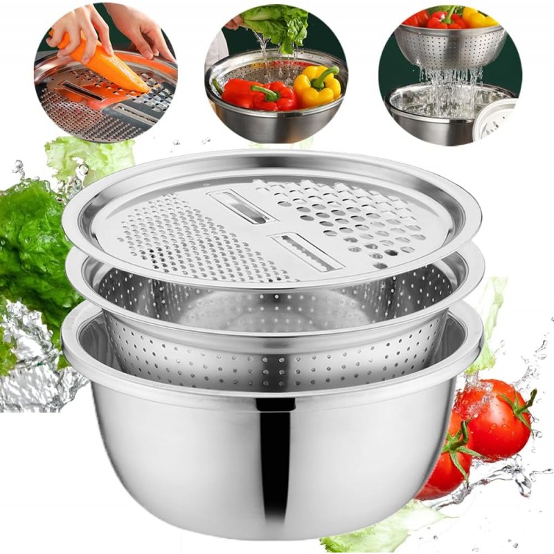 Germany Multifunctional Stainless Steel Basin, Multifunction Stainless Steel Basin with Grater 3 in 1 Vegetable Cutter for Kitchen, Vegetable Slicer Grater Strainer and Drain Basket (11.8 inch)