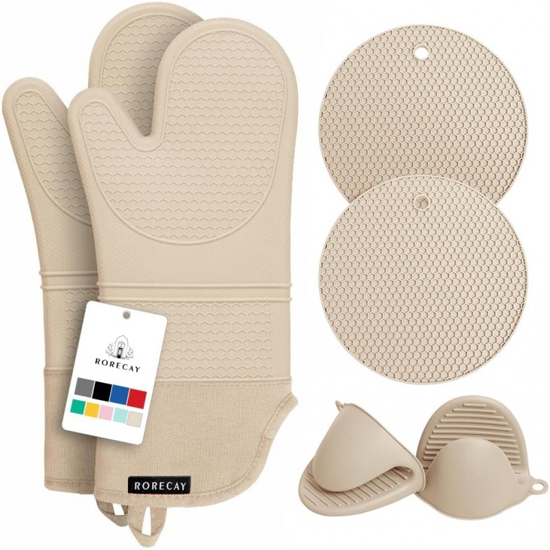 Rorecay Oven Mitts and Pot Holders Sets 6pcs, Extra Long Kitchen Silicone Oven Gloves High Heat Resistant 500 Degrees Non-Slip Potholders Hot Pads for Baking Cooking, Milkshake