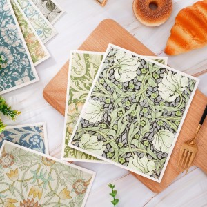 8 Packs Vintage Floral Swedish Dishcloths Blue Green Flower Kitchen Dish Towel Reusable Washable Cotton Kitchen Towels for Home Party Cleaning Housewarming, 7 x 8 Inch