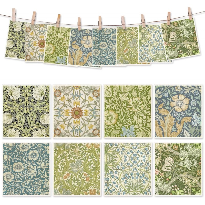 8 Packs Vintage Floral Swedish Dishcloths Blue Green Flower Kitchen Dish Towel Reusable Washable Cotton Kitchen Towels for Home Party Cleaning Housewarming, 7 x 8 Inch
