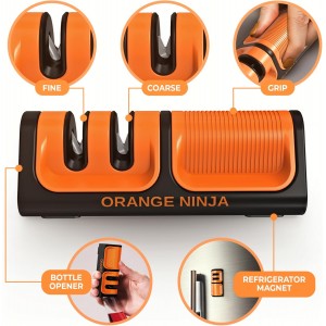 Orange Ninja Mini Knife Sharpener - Coarse & Fine Blade Sharpener, Sharpening System- Knife Sharpeners for Kitchen Knives, Pocket Kitchen Knives Sharpeners with Bottle Opener & Fridge Attachment